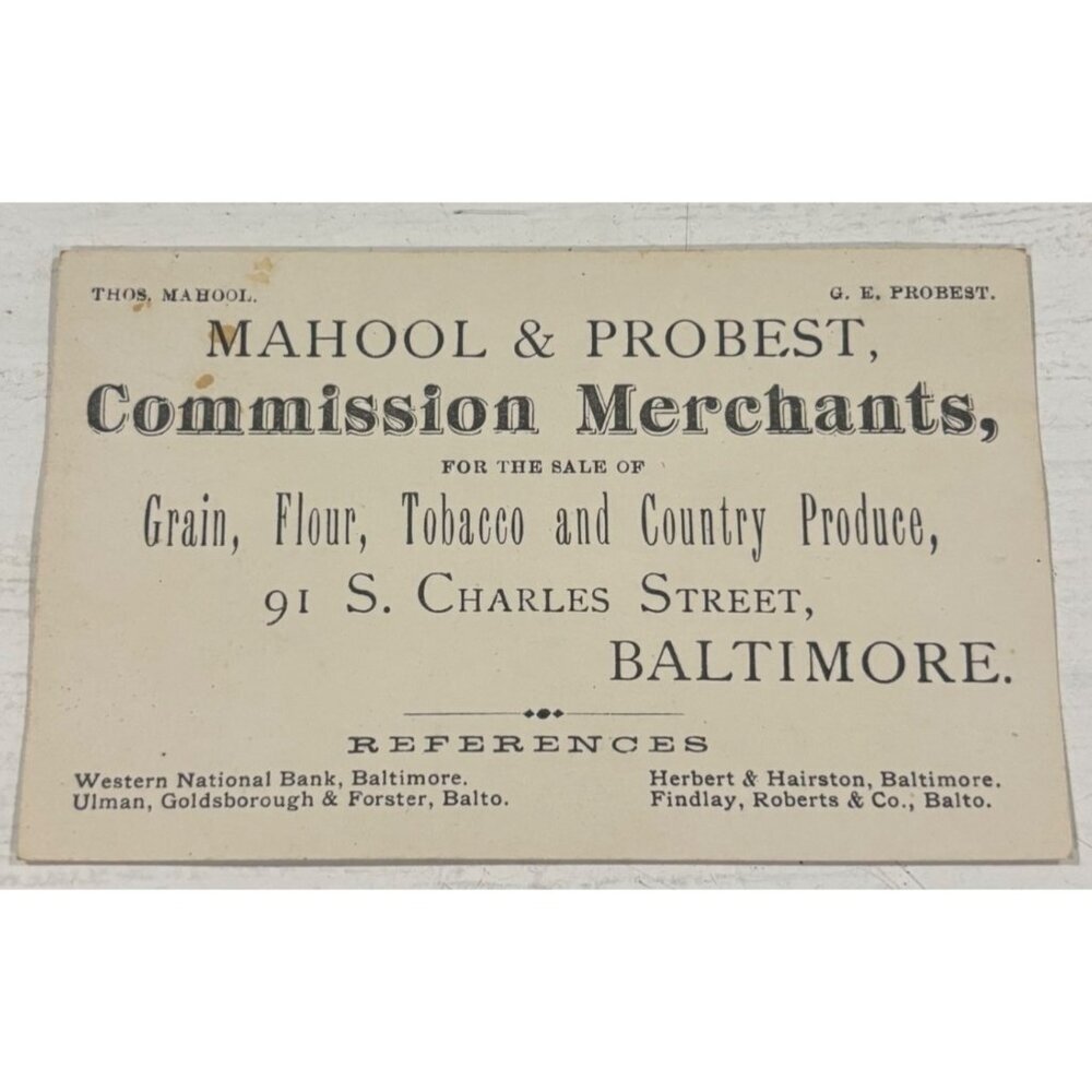 Antique Mahool Probest Merchants Card Tobacco Country Produce Baltimore Ephemera